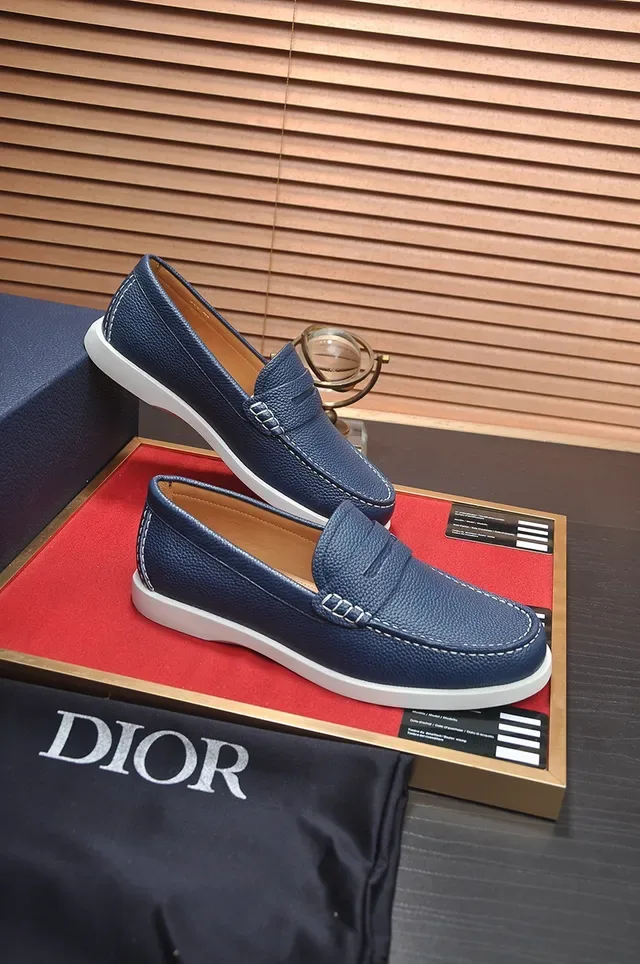 Dior Navy White Pebbled Leather Penny Strap Loafer 4