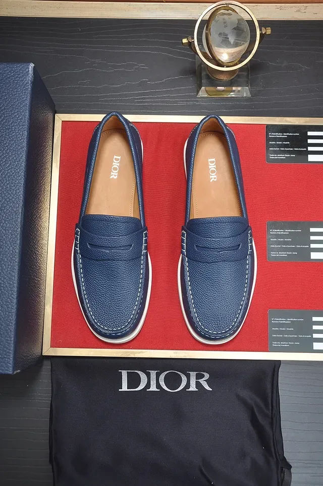 Dior Navy White Pebbled Leather Penny Strap Loafer 5