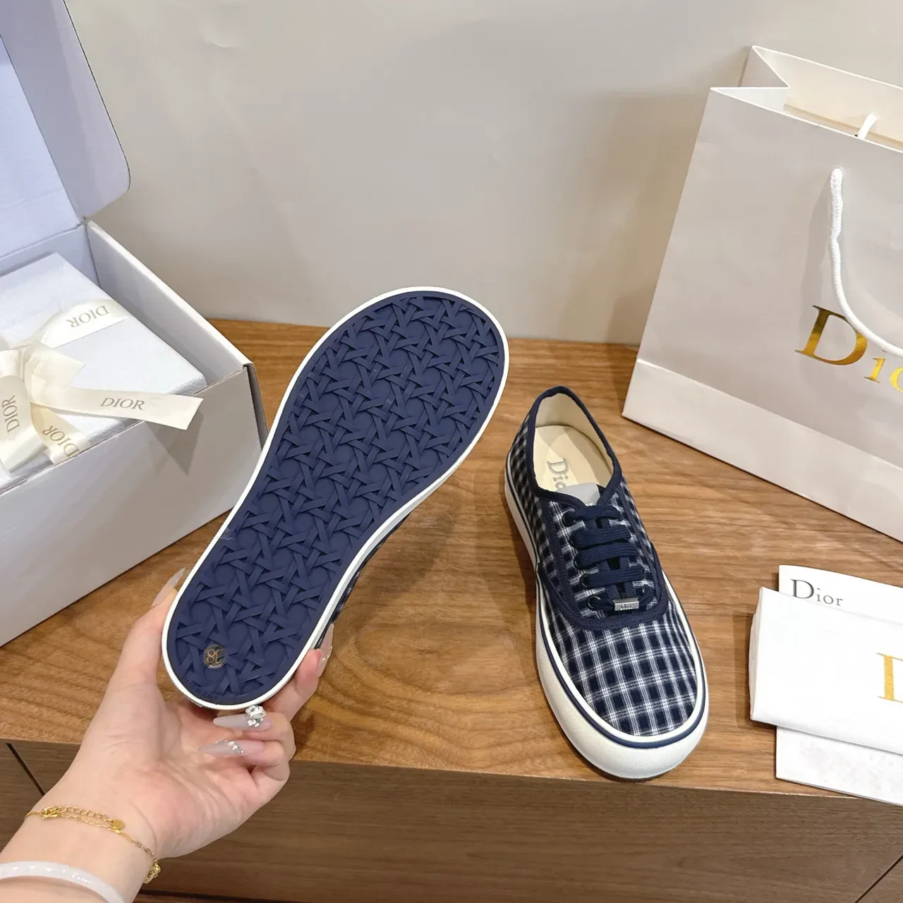 Dior Navy White Plaid Canvas Lifestyle Sneakers 2