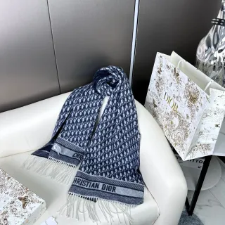 Dior Oblique Monogram Navy and Gray Cashmere Scarf