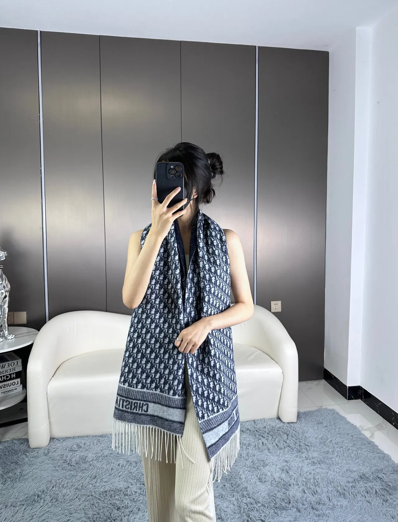 Dior Oblique Monogram Navy and Gray Cashmere Scarf 6