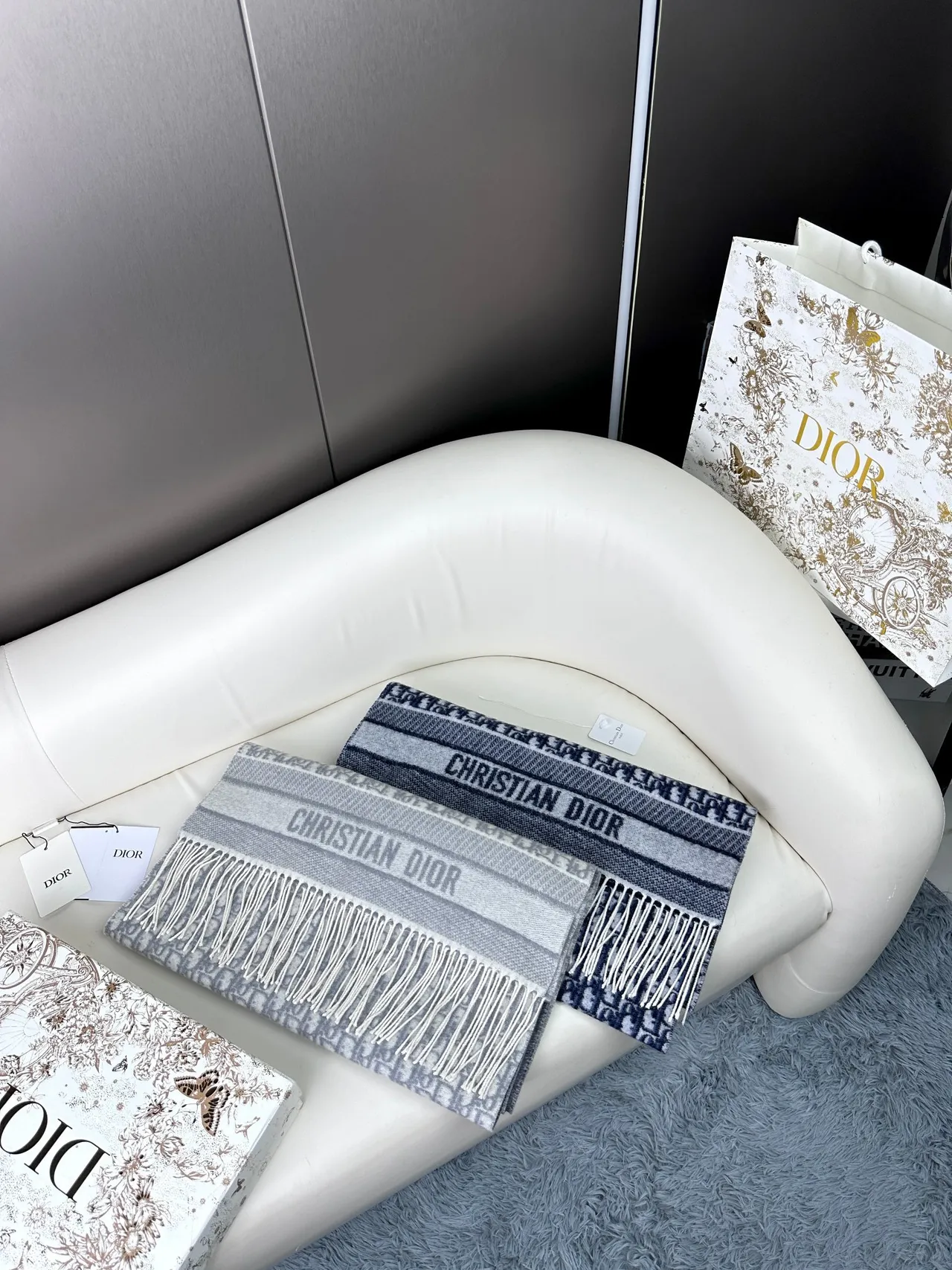 Dior Oblique Monogram Navy and Gray Cashmere Scarf 7