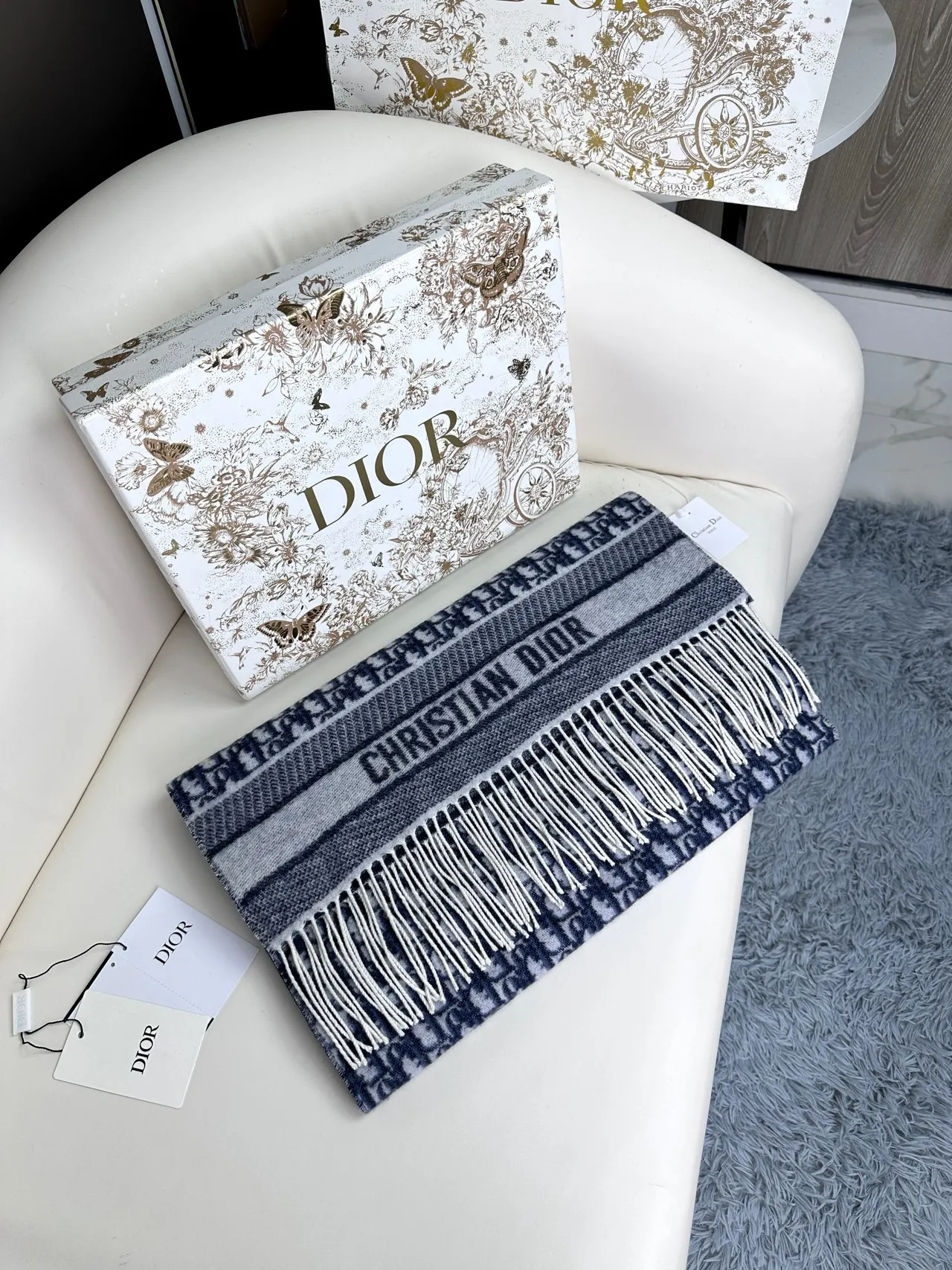 Dior Oblique Monogram Navy and Gray Cashmere Scarf 8
