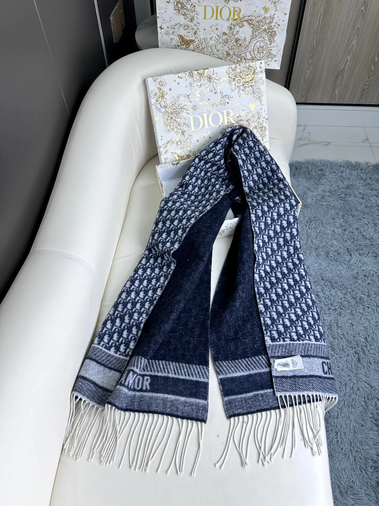 Dior Oblique Monogram Navy and Gray Cashmere Scarf 9