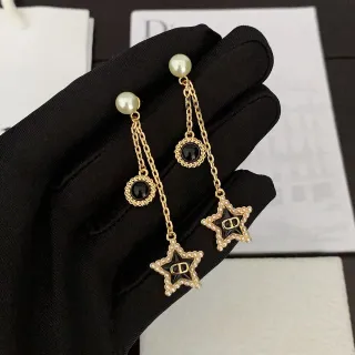 Dior Pearl and Black Enamel Star Chain Dangle Earrings