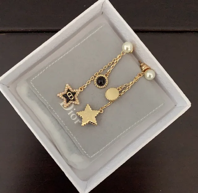 Dior Pearl and Black Enamel Star Chain Dangle Earrings 2