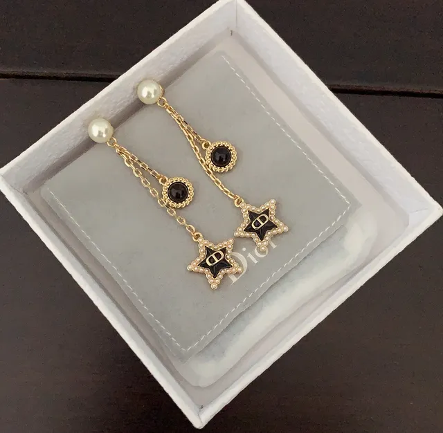 Dior Pearl and Black Enamel Star Chain Dangle Earrings 3