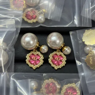 Dior Pink Gold Double-Pearl Drop Enamel Floral Motif Earrings