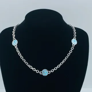 Dior Silver Blue Curb Chain Three Circular Enamel Logo Charms Necklace