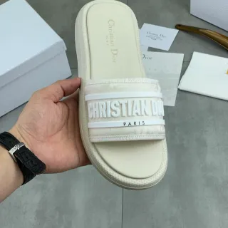 Dior Slide Beige White Platform Sole Embossed Logo Strap Slippers