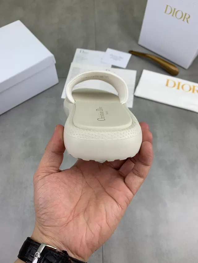 Dior Slide Beige White Platform Sole Embossed Logo Strap Slippers 3