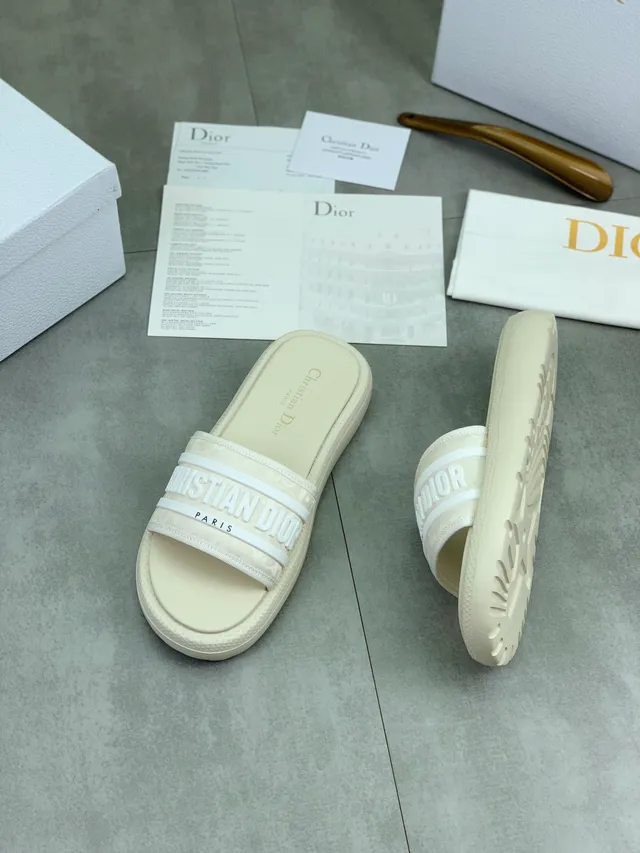 Dior Slide Beige White Platform Sole Embossed Logo Strap Slippers 5