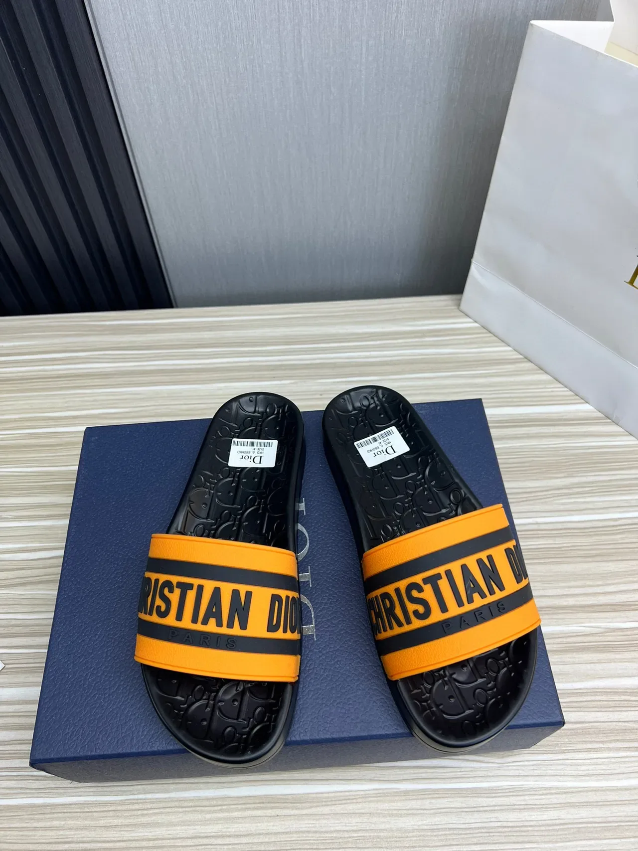 Dior Slide Black and Orange Logo Strap Slippers 9