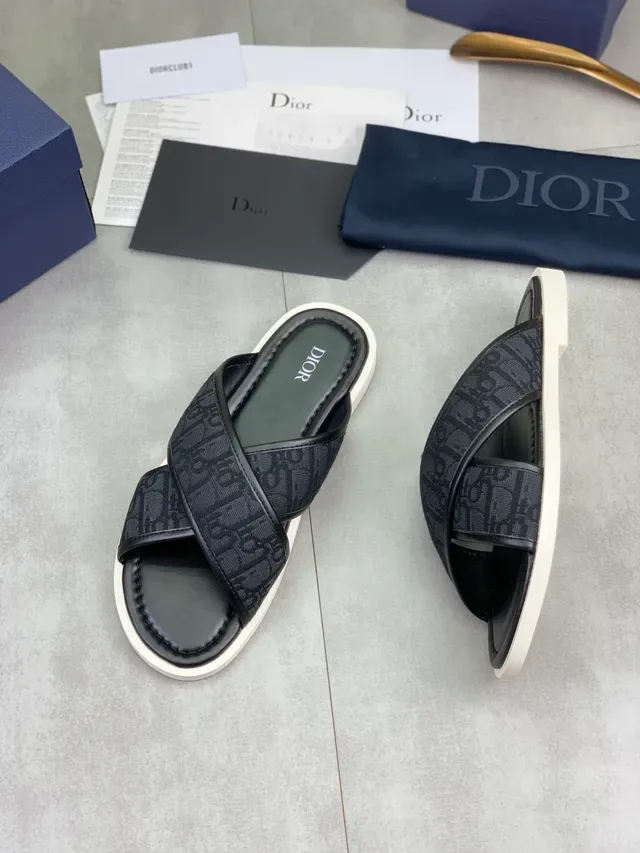 Dior Slipper Black White Crisscross Strap Monogrammed Fabric Slippers 5
