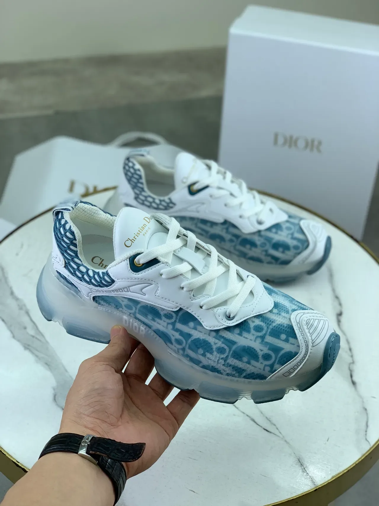Dior White Blue Sole Transparent Midsole Chunky Sneakers 4