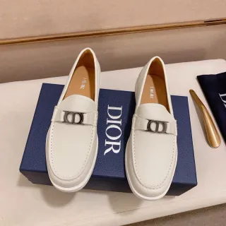 Dior White Silver Pebbled Leather CD Buckle Hardware Loafer