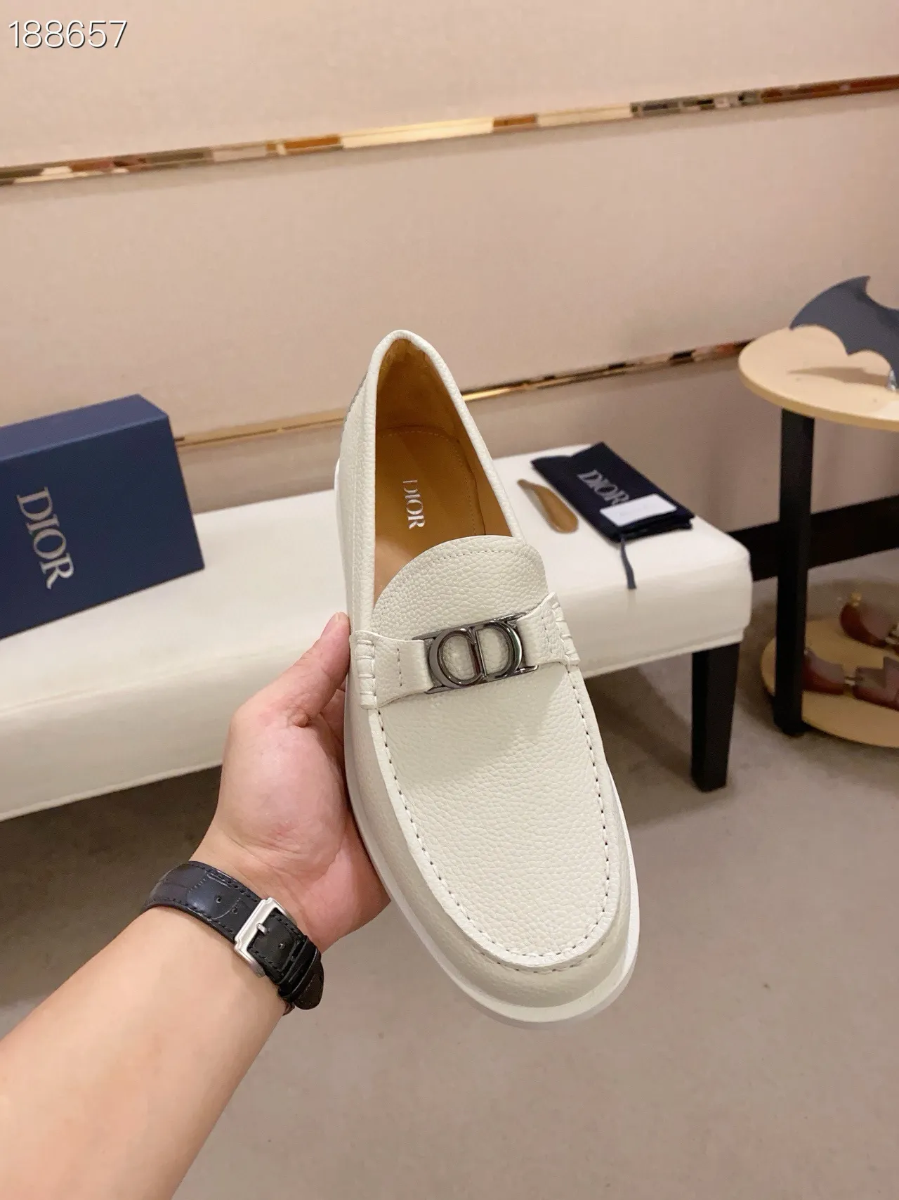 Dior White Silver Pebbled Leather CD Buckle Hardware Loafer 4