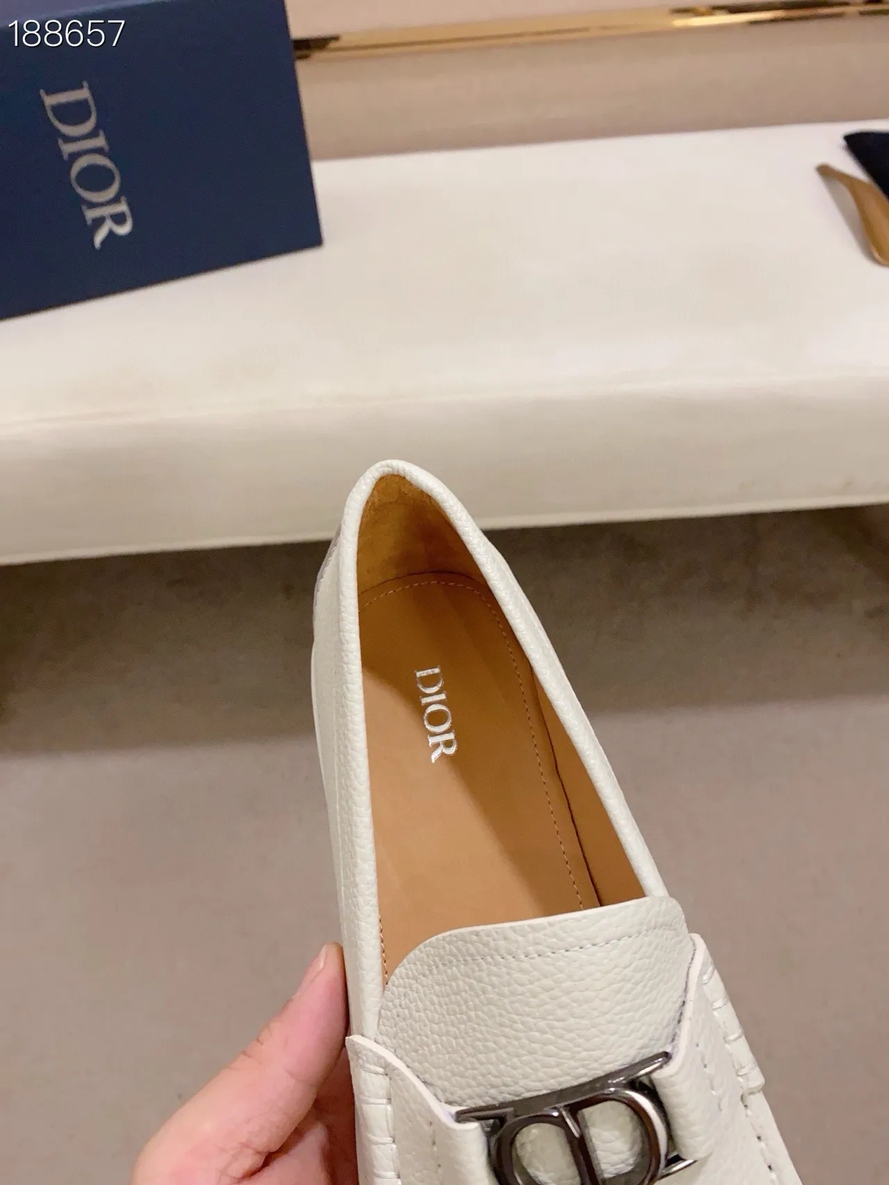 Dior White Silver Pebbled Leather CD Buckle Hardware Loafer 6