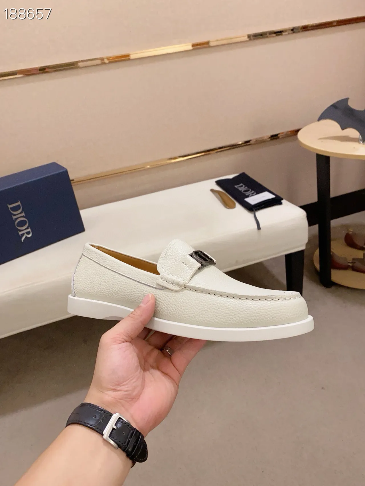 Dior White Silver Pebbled Leather CD Buckle Hardware Loafer 7