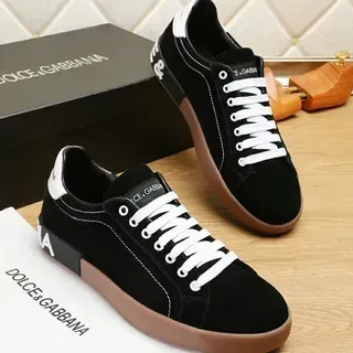 Dolce & Gabbana Portofino أسود بني جلد ناعم علوي تباين أحزمة بيضاء حذاء رياضي أسلوب حياة