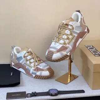 Dolce & Gabbana أبيض بيج متعدد اللوحات علوية مصقولة سميك حذاء رياضي