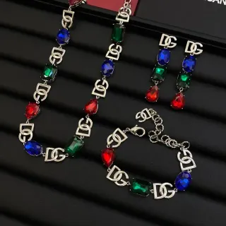 Dolce & Gabbana DG Icon Multicolor Silver Interlocking Logo Links Faceted Red Green Blue Stones Necklace
