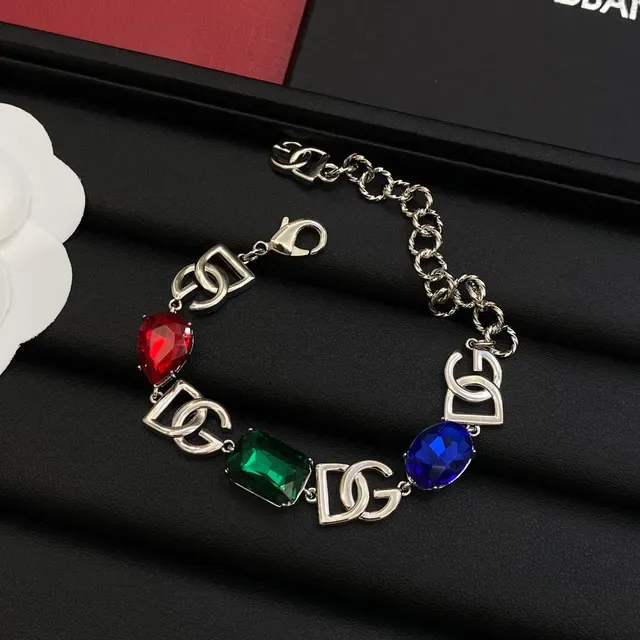 Colar Dolce & Gabbana DG Icon Multicolor Prateado Interlocking Logo Links Pedras Facetadas Vermelho Verde Azul 4