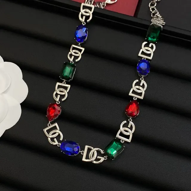 Colar Dolce & Gabbana DG Icon Multicolor Prateado Interlocking Logo Links Pedras Facetadas Vermelho Verde Azul 7