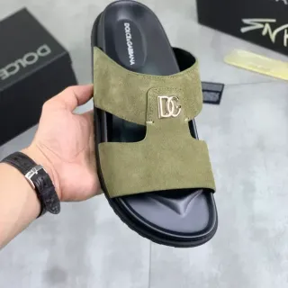 Dolce & Gabbana Olive Green Suede DG Logo Slide Slippers