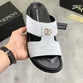 Dolce & Gabbana Portofino 浅灰麂皮 DG Logo Slide Slippers