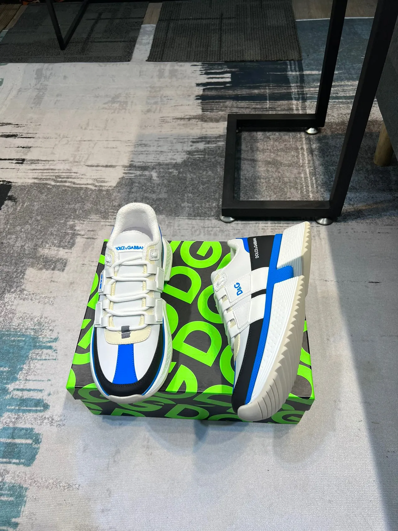 Dolce & Gabbana White Blue Multi-Panel Construction Wide Strap Closure Sneakers 4