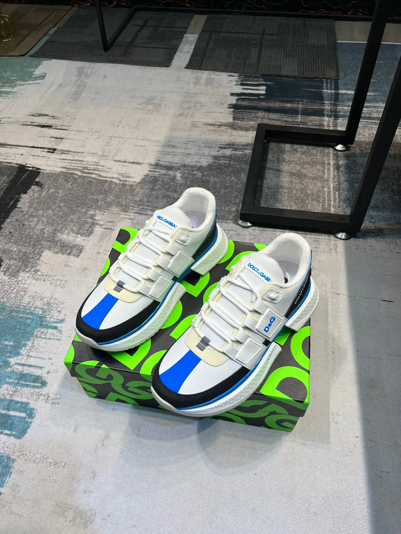 Dolce & Gabbana White Blue Multi-Panel Construction Wide Strap Closure Sneakers 5