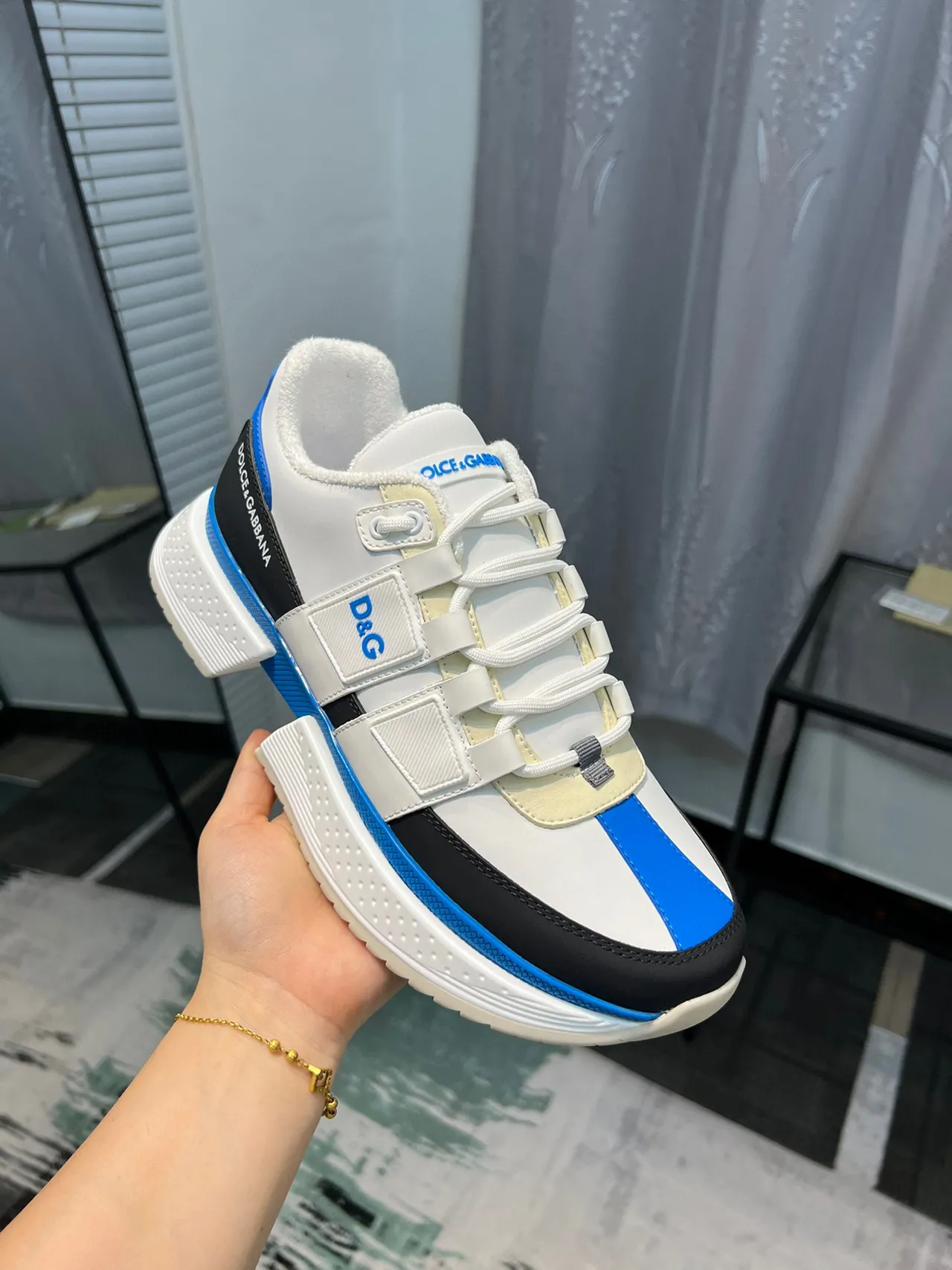 Dolce & Gabbana White Blue Multi-Panel Construction Wide Strap Closure Sneakers 6
