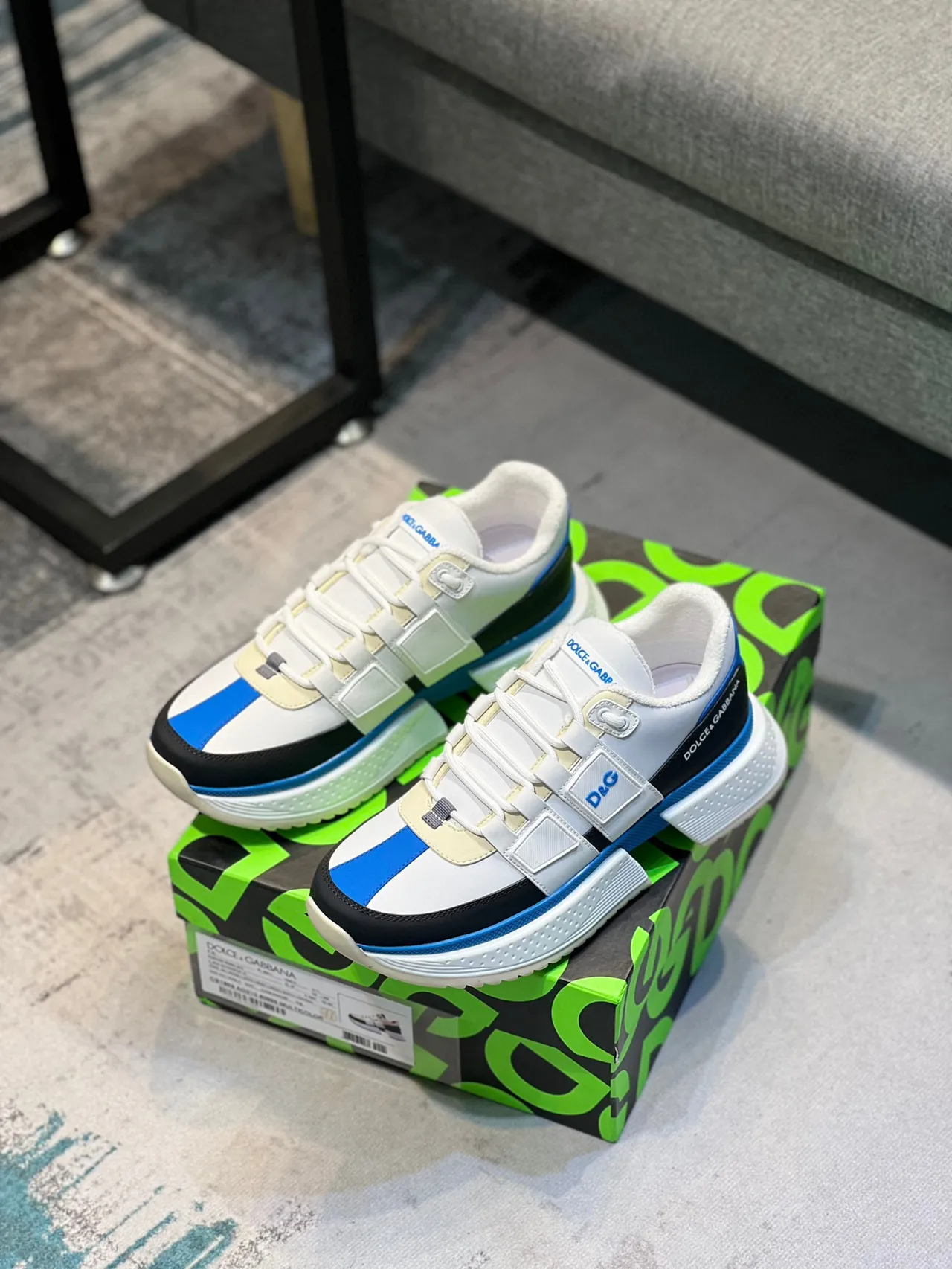 Dolce & Gabbana White Blue Multi-Panel Construction Wide Strap Closure Sneakers 7