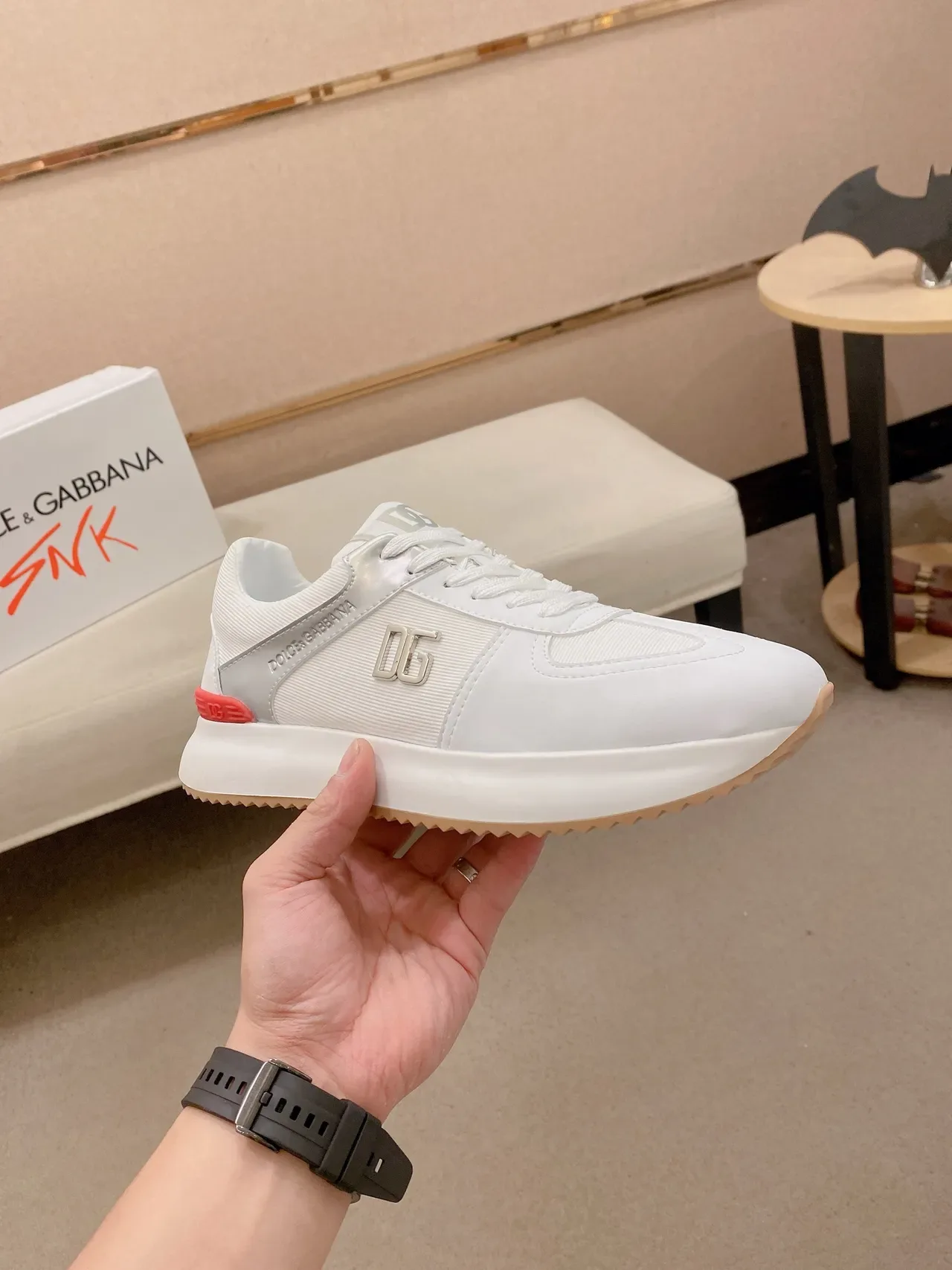 Dolce & Gabbana White Red Leather And Textile Upper Metallic Silver Side Panel Lifestyle Sneakers 5