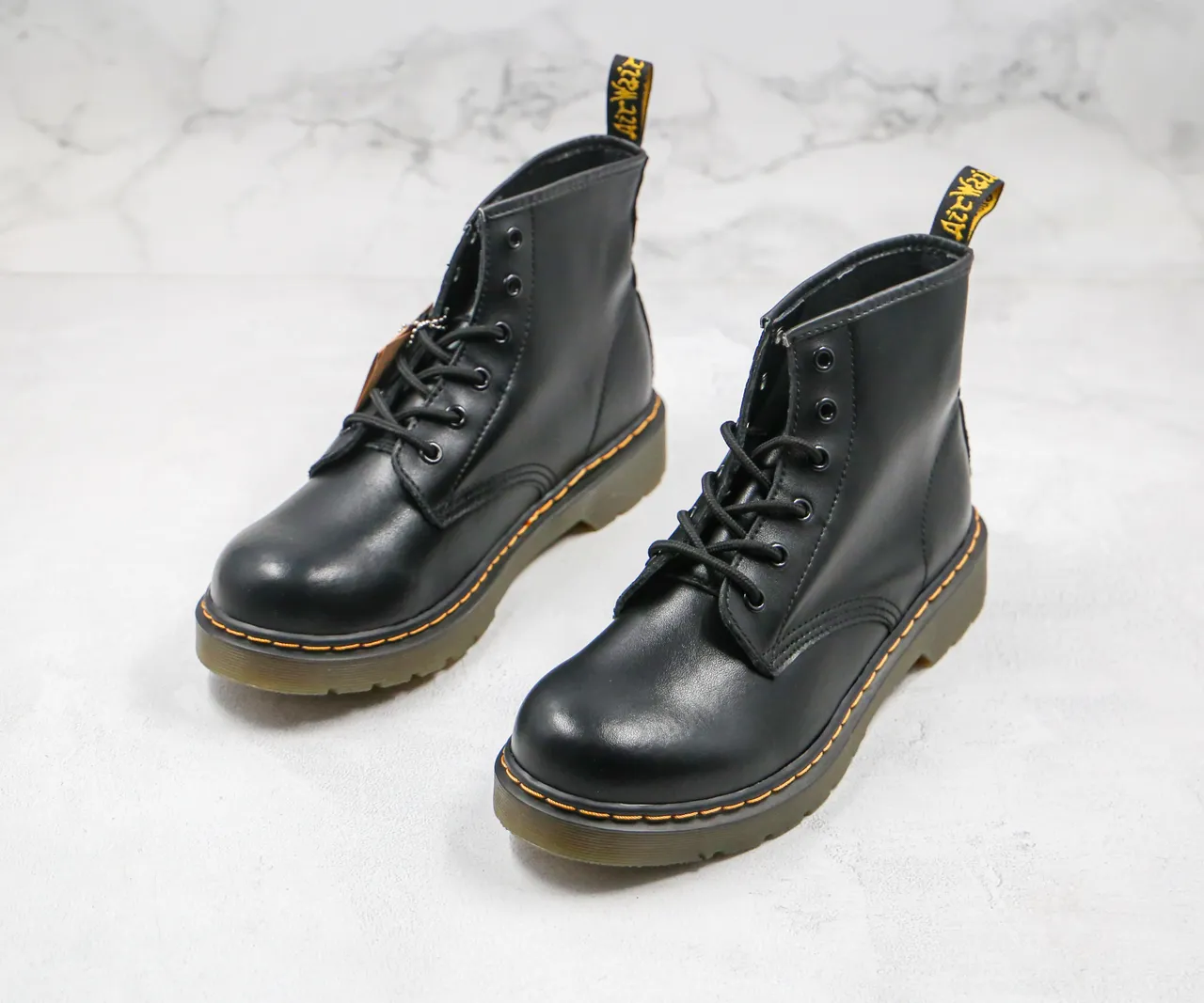 Dr. Martens 1460 Black Smooth Leather Yellow Stitch Martin Boots 5