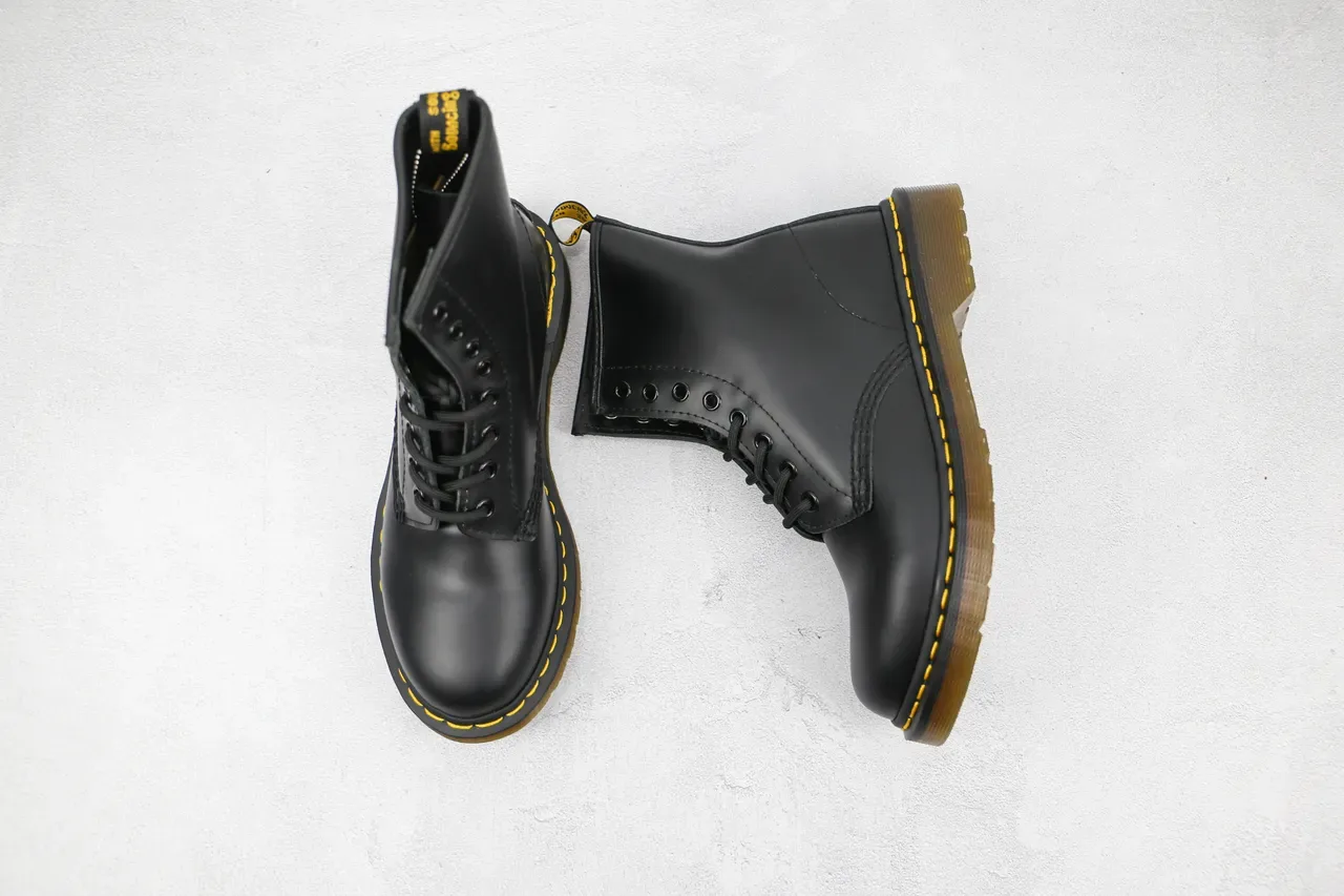 Dr. Martens 1460 Black Smooth Leather Yellow Stitch Martin Boots 8