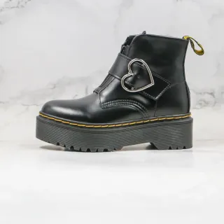 Dr. Martens Botas de tobillo con suela de plataforma negra y amarilla con hebilla en forma de corazón