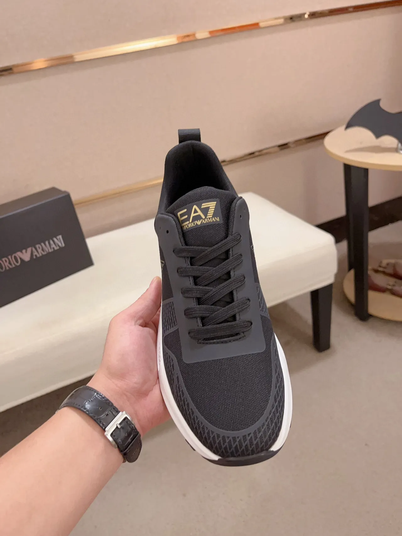 Emporio Armani Black Gold Mesh-and-Synthetic Upper Sculpted White Midsole Lifestyle Sneakers 2