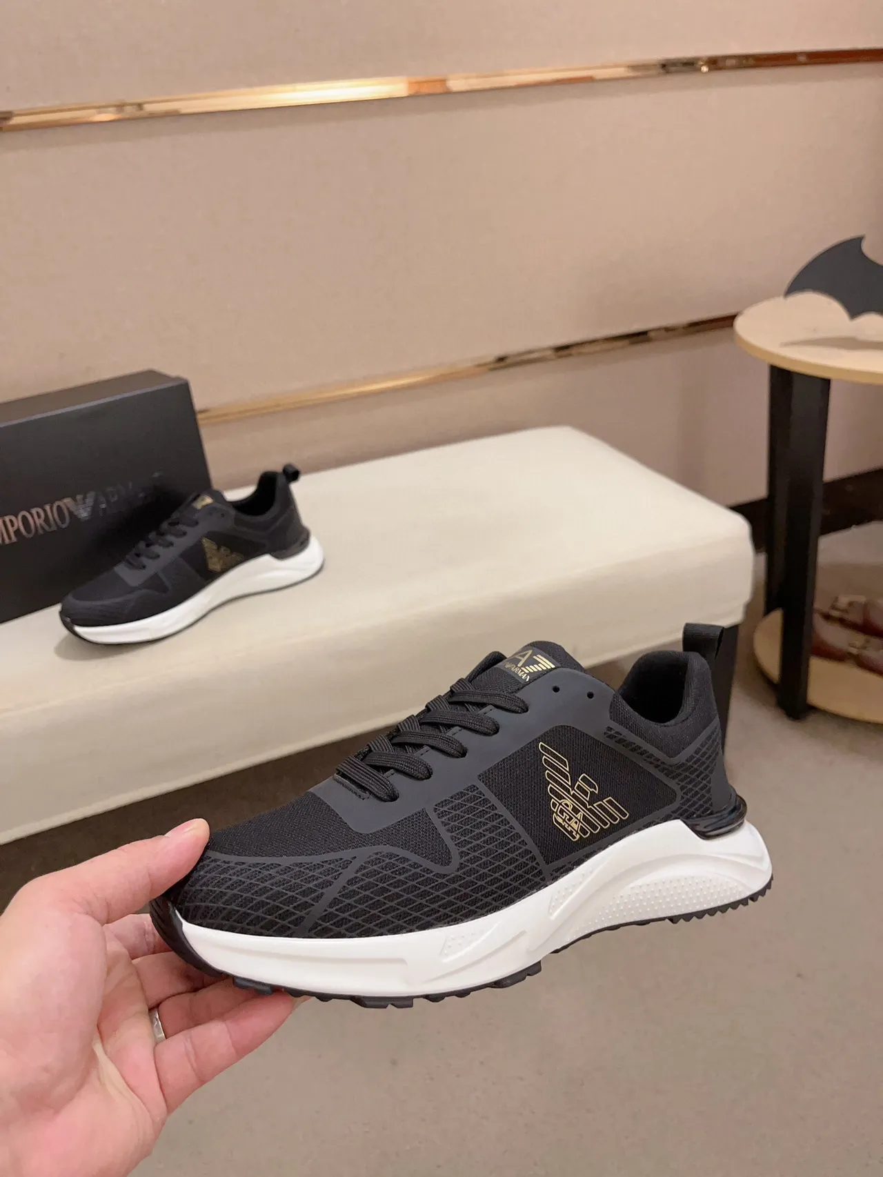 Emporio Armani Black Gold Mesh-and-Synthetic Upper Sculpted White Midsole Lifestyle Sneakers 3