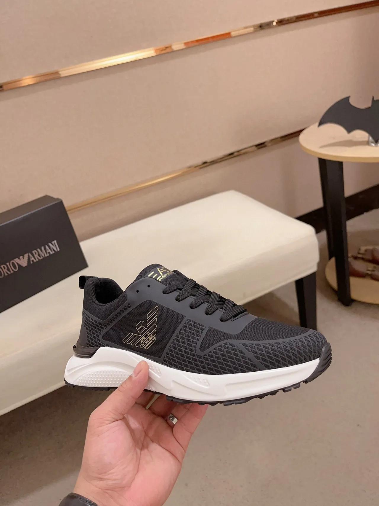 Emporio Armani Black Gold Mesh-and-Synthetic Upper Sculpted White Midsole Lifestyle Sneakers 4
