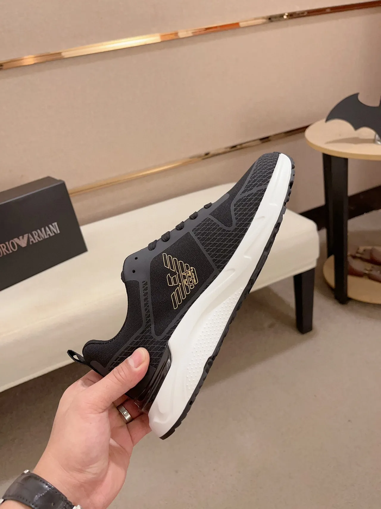Emporio Armani Black Gold Mesh-and-Synthetic Upper Sculpted White Midsole Lifestyle Sneakers 5
