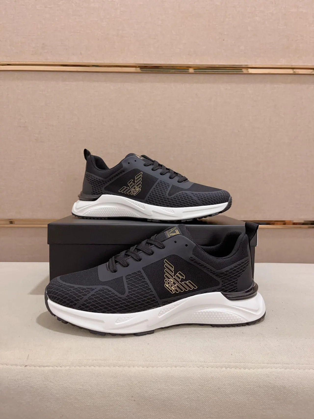 Emporio Armani Black Gold Mesh-and-Synthetic Upper Sculpted White Midsole Lifestyle Sneakers 7