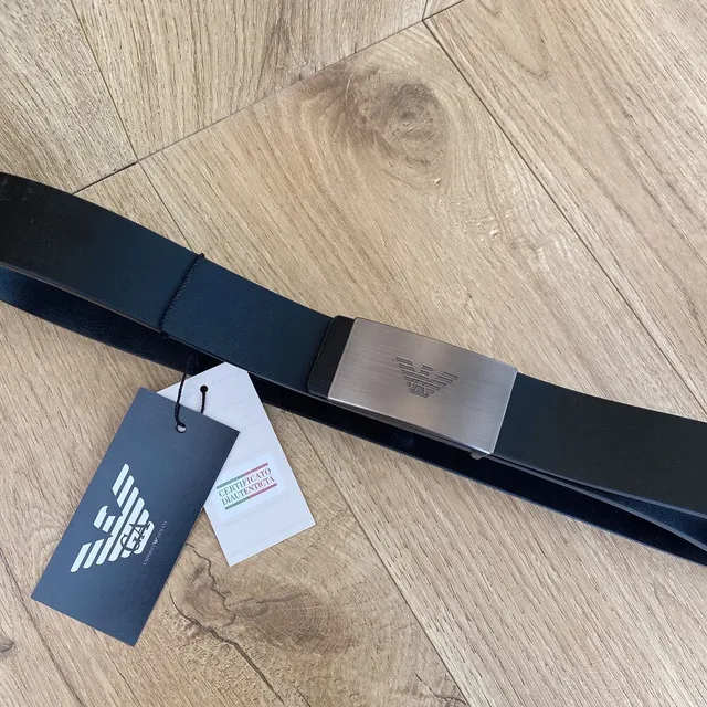 Emporio Armani Ceinture en cuir noir et argent mat brossé métal boucle 2