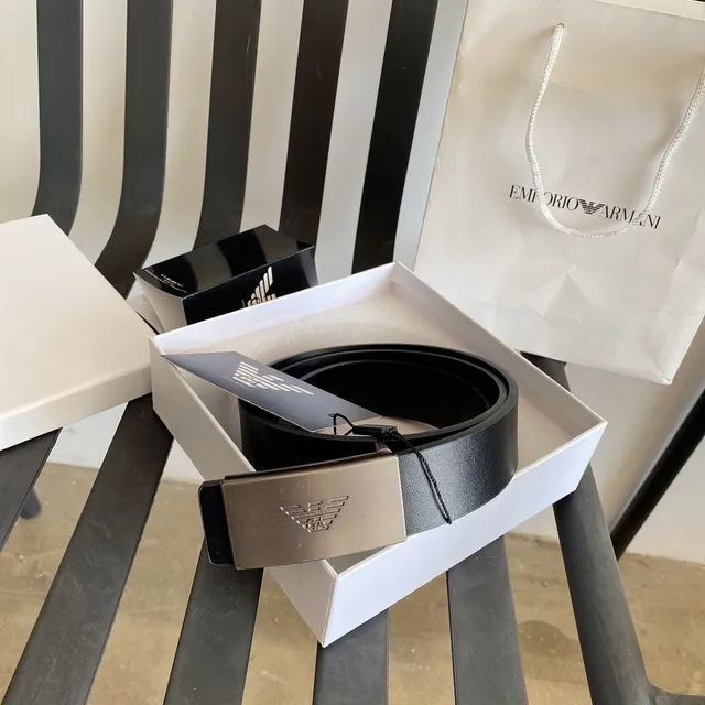 Emporio Armani Ceinture en cuir noir et argent mat brossé métal boucle 8