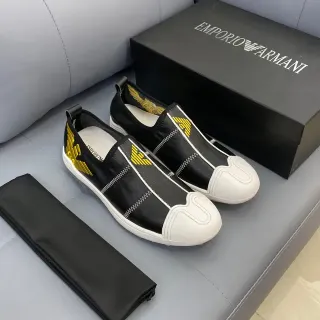 Emporio Armani Black White Slip-On Leather Upper Lifestyle Sneakers