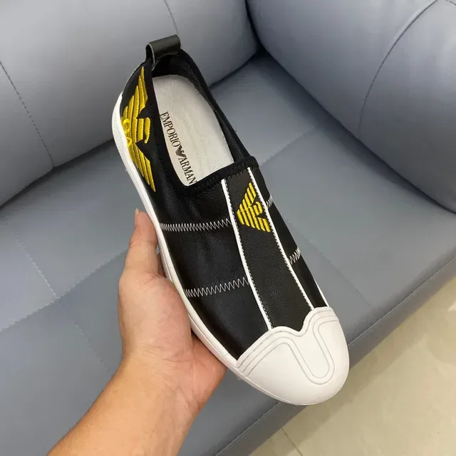 Emporio Armani Black White Slip-On Leather Upper Lifestyle Sneakers 4