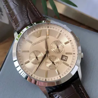 Emporio Armani Chronograph Champagne Dial Brown Leather Strap Mechanical Watch