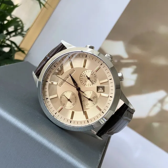 Montre Emporio Armani Chronographe Cadran Champagne Bracelet Cuir Marron Mécanique 7