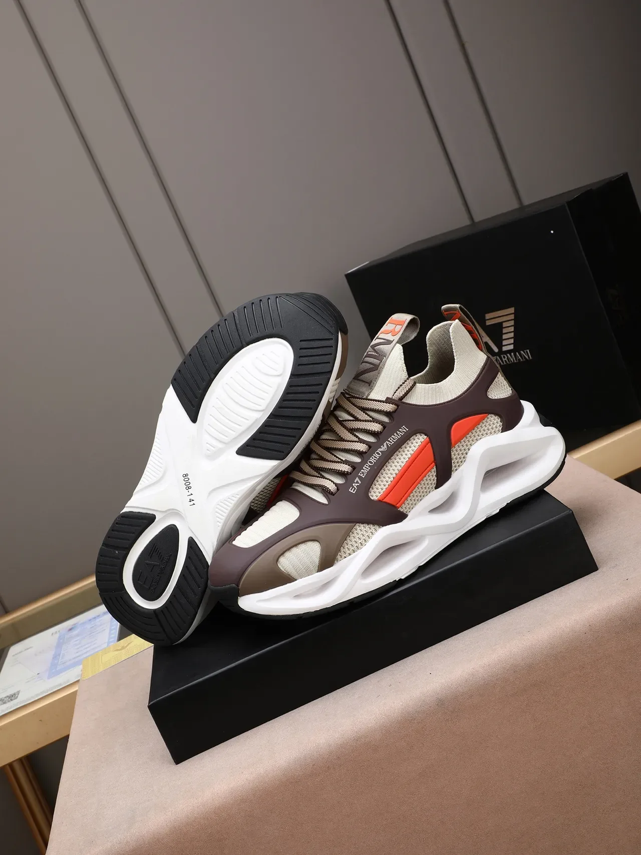 Emporio Armani EA7 Beige Brown Orange Sculpted Midsole Lifestyle Sneaker 4